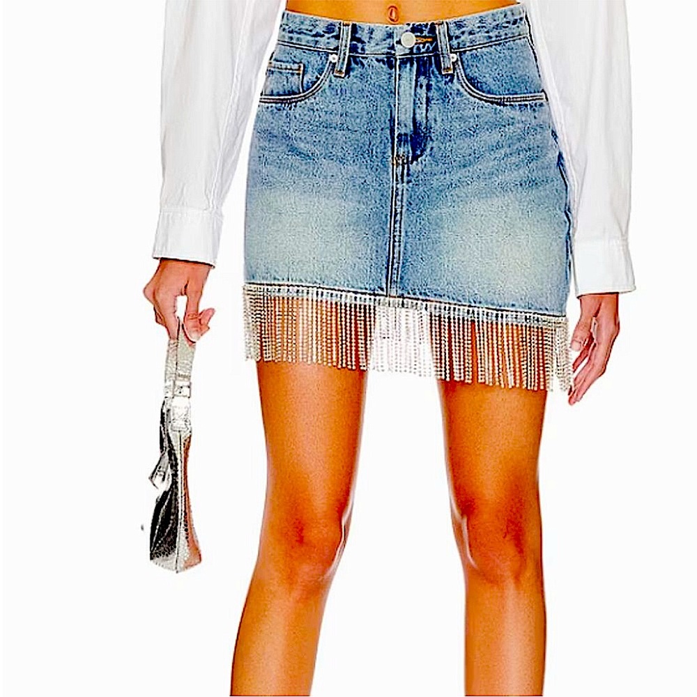 Blank NYC Bright Moments Rhinestone Fringe Denim Skirt Revolve Size 24/0 NWT